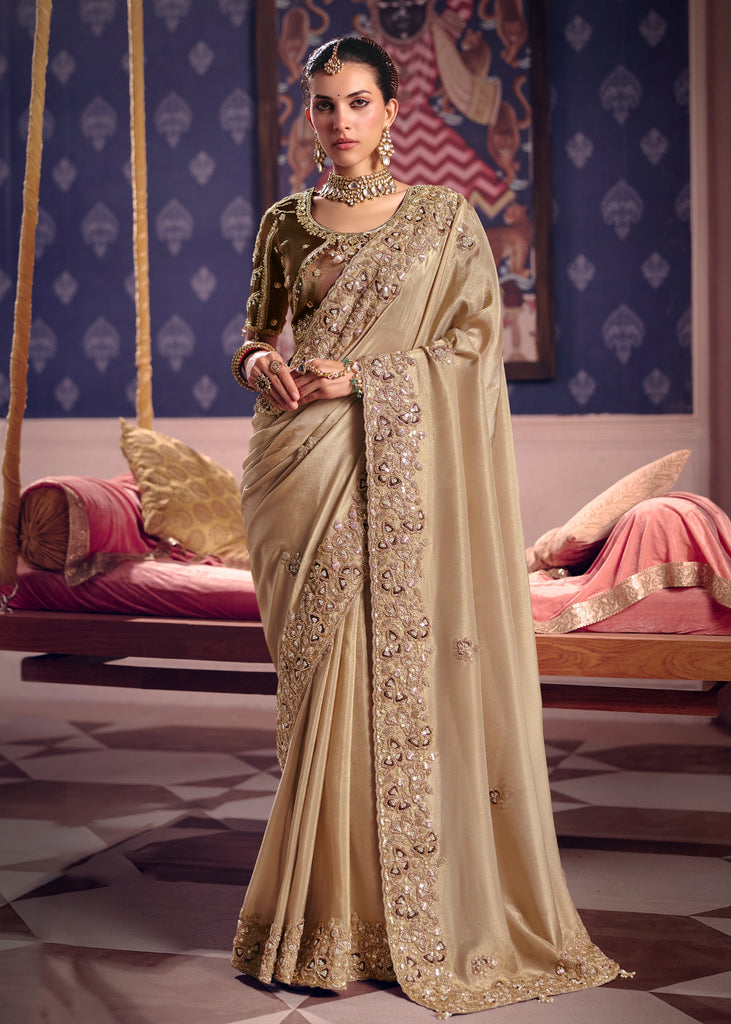 Safari Beige Embroidered Tissue Designer Saree