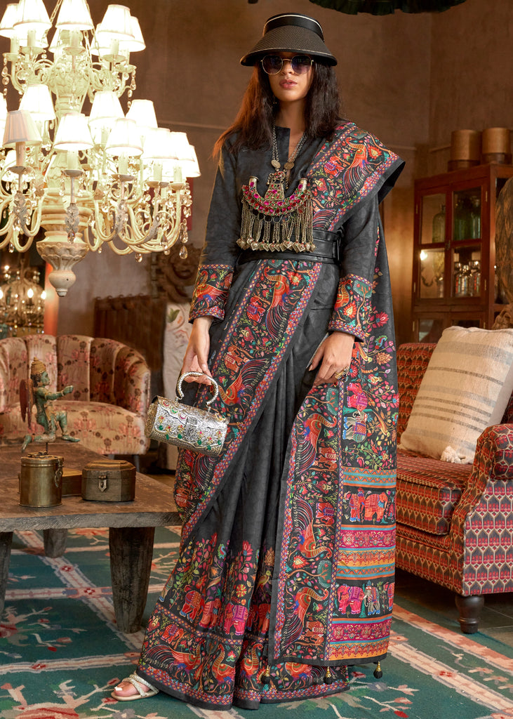 Jet Black Madhubani Printed Saree