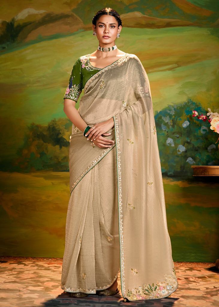 Safari Beige Heavy Embroidered Designer Silk Saree With contrast Blouse
