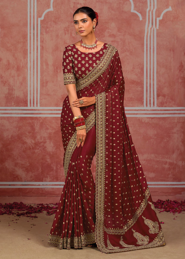 Bridal Maroon Embroidered Designer Saree