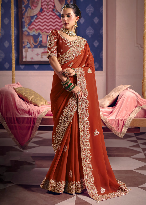 Rust Orange Embroidered Tissue Designer Saree