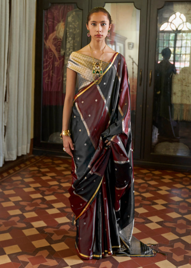 Black And Maroon Rangkat Satin Silk Saree