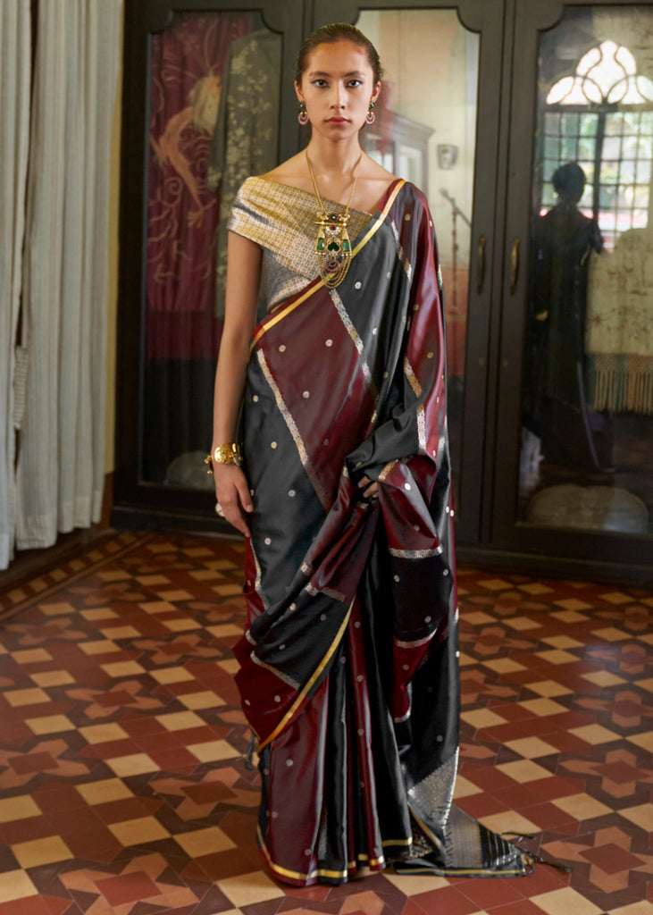 Black And Maroon Rangkat Satin Silk Saree