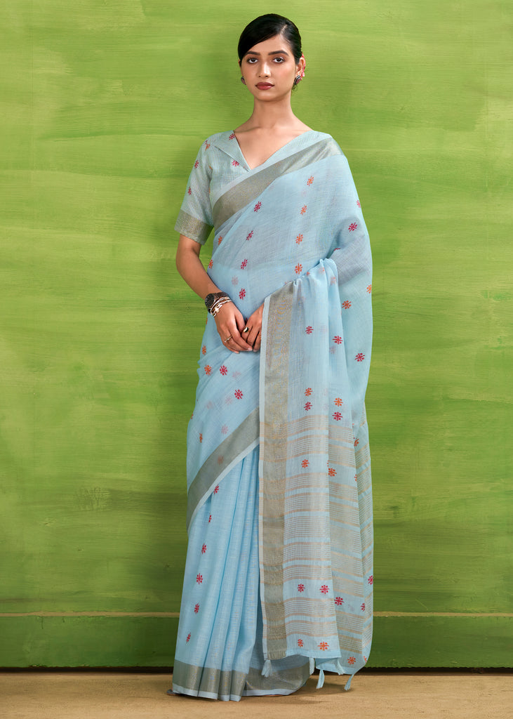 Angel Blue Woven Linen Silk Saree