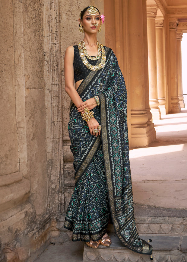 Steel Blue Printed Patola Saree