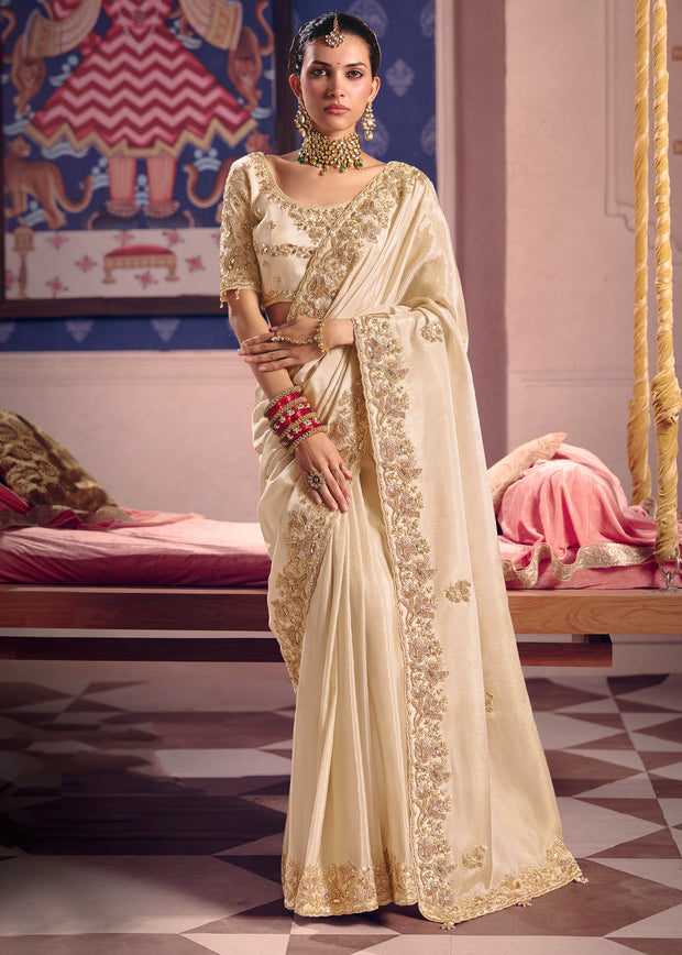 Off white Embroidered Tissue Designer Saree