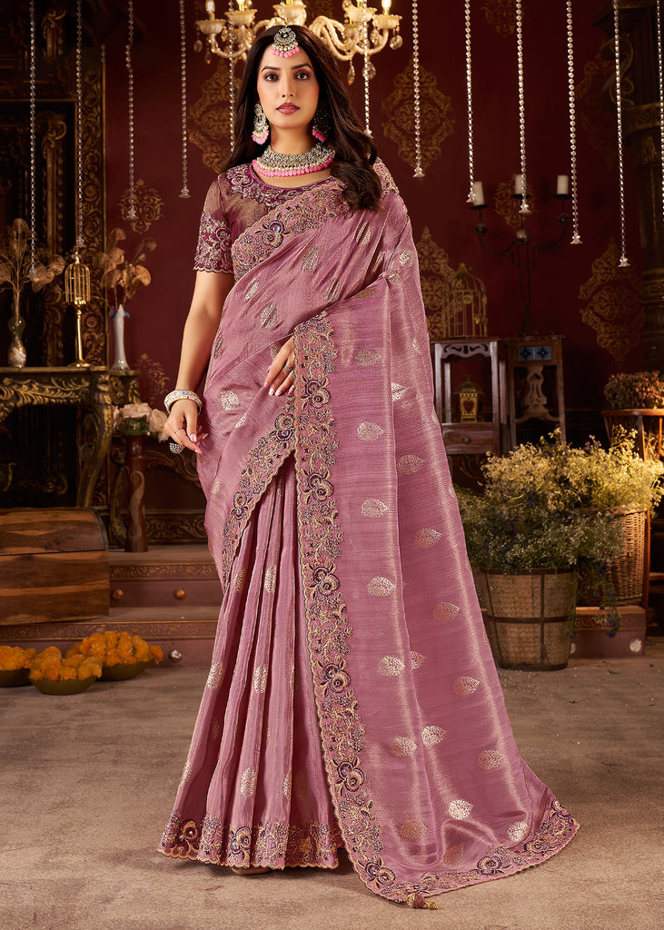 Mauve Purple Embroidered Tissue Designer Saree