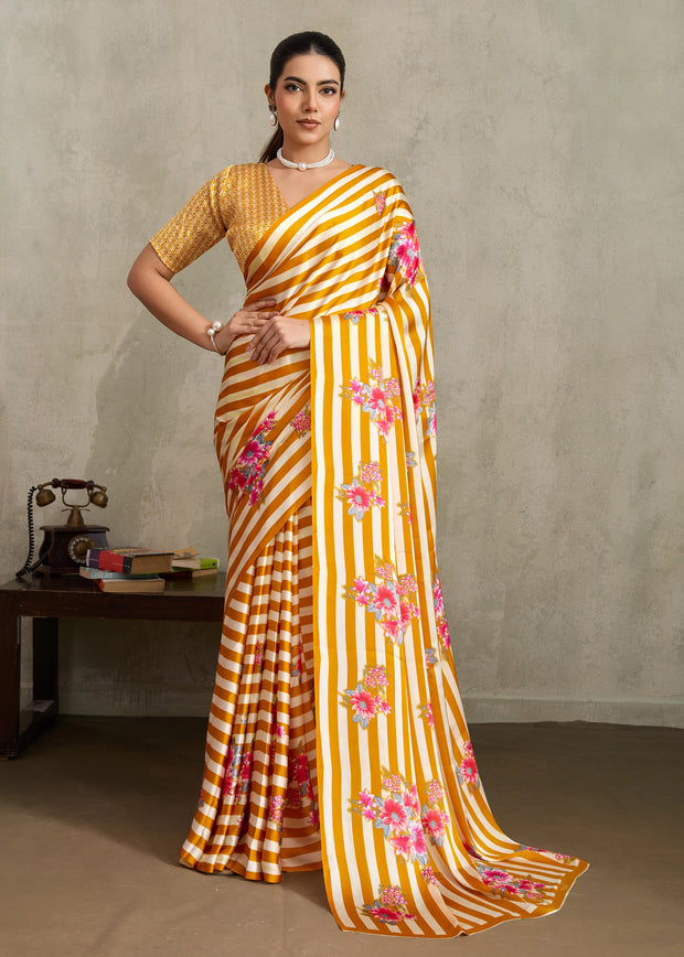 Bright Yellow Printed Satin Silk Saree