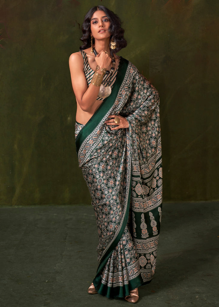 Mallard Green Printed Satin Crepe Silk Saree