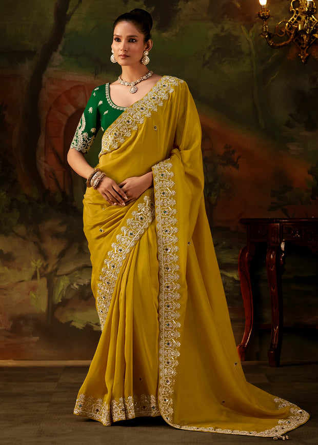 Yellow Embroidered Tissue Saree