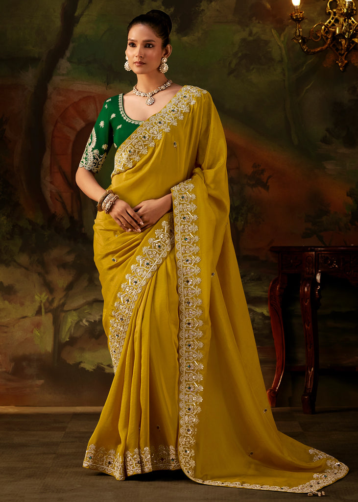Yellow Embroidered Tissue Saree