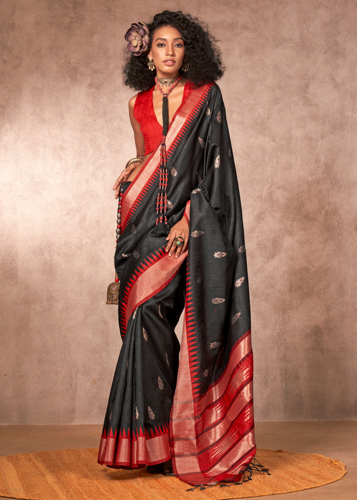 Pirate Black Woven Banarasi Silk Saree With Contrast Border