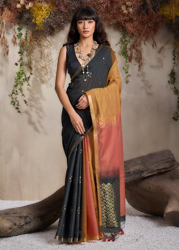 Black And Yellow Woven Cotton Silk Saree