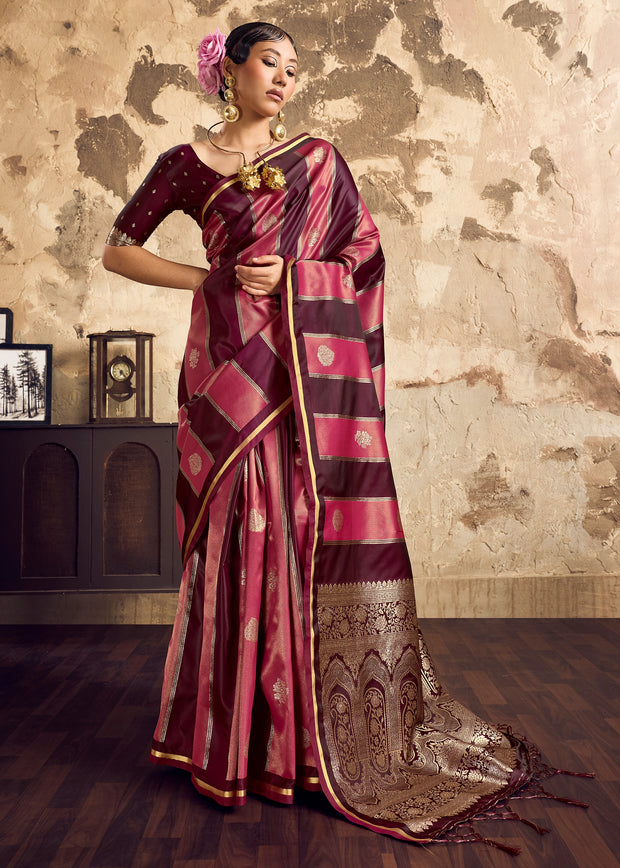 Pink And Maroon Rangkat Satin Silk Saree