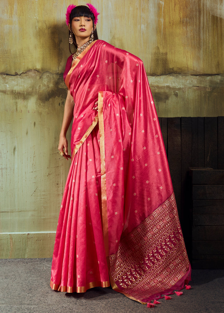 Peach Pink Banarasi Tusser Silk Saree