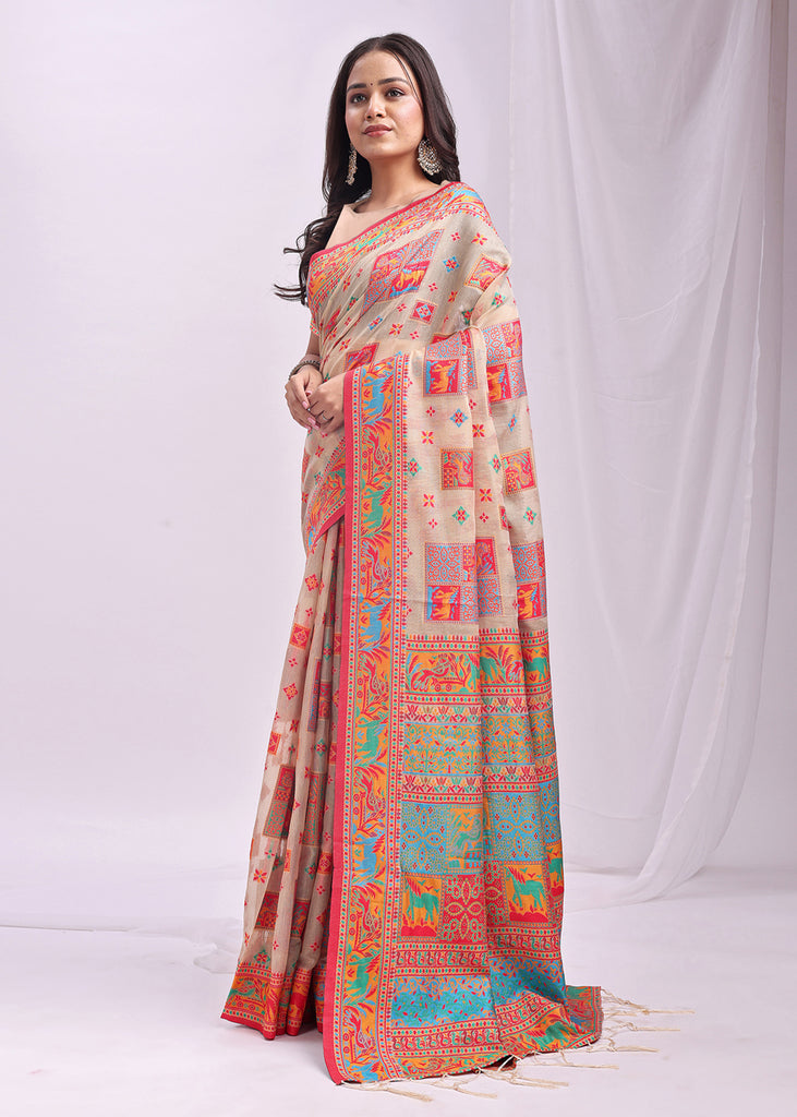 Off White Woven Linen Cotton Saree