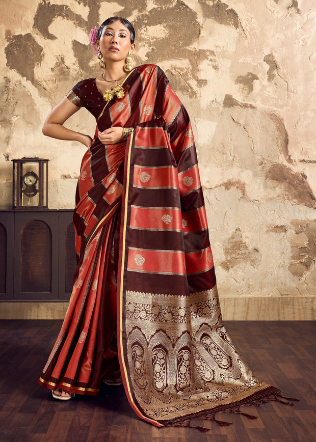 Coffee Brown Rangkat Satin Silk Saree