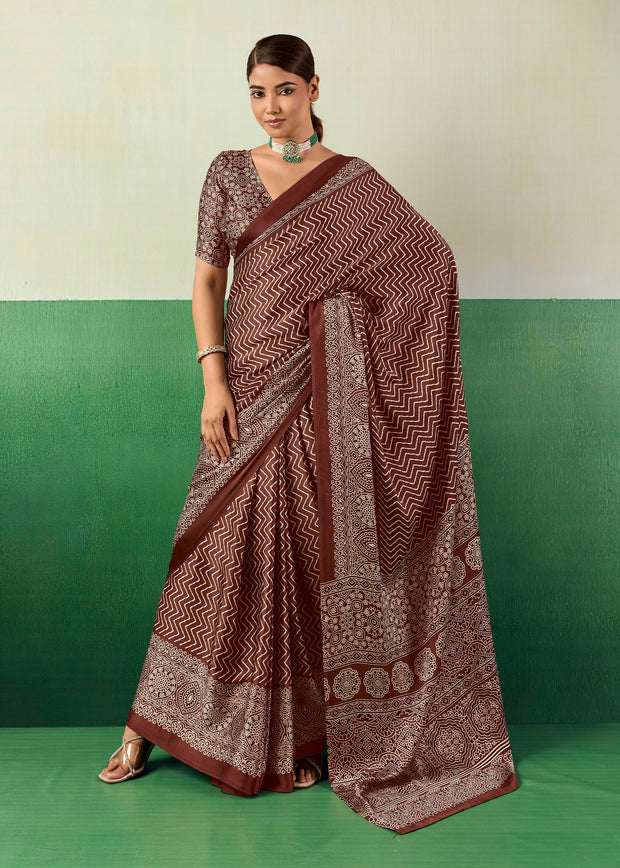 Coffee Brown Printed Satin Silk Saree