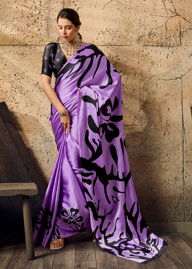 Lavender Purple Printed Satin Silk Saree