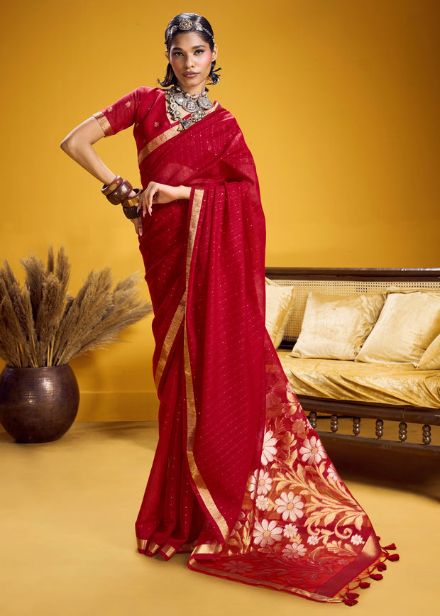 Bridal Red Woven Cotton Silk Saree