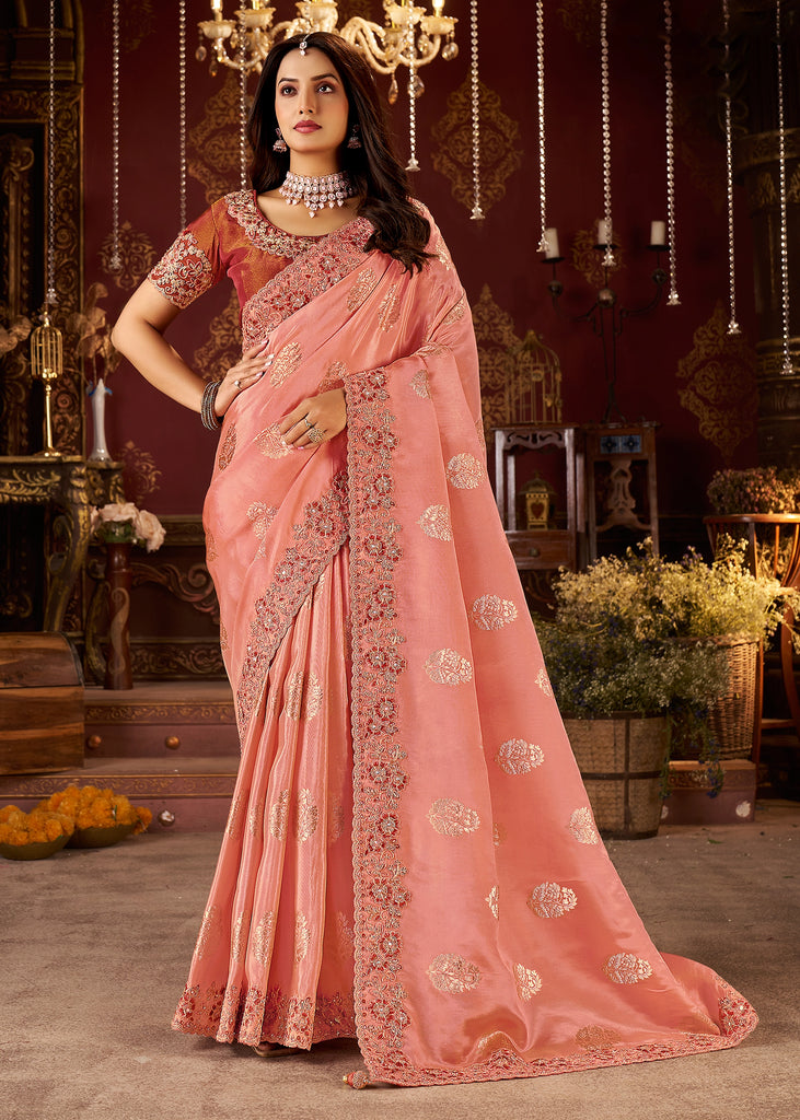 Gajari Pink Embroidered Tissue Designer Saree