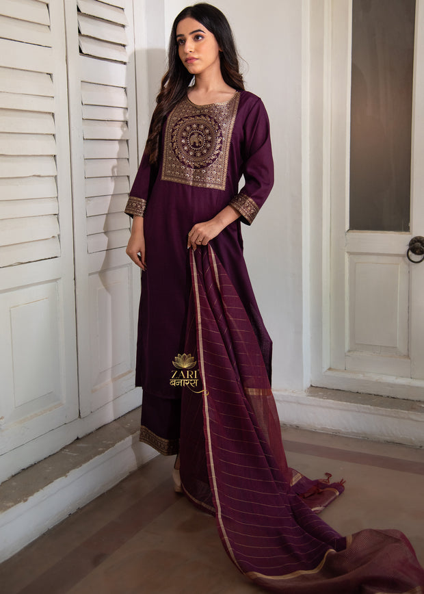 Aubergine Zari Maroon Cotton Suit (10702021034177)