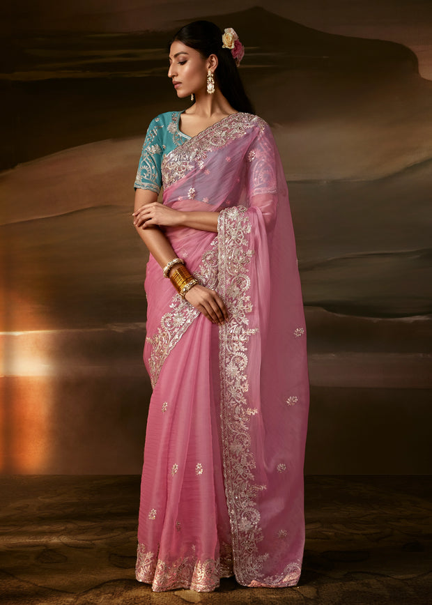 Light Pink Embroidered Designer Organza Saree