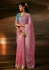 Light Pink Embroidered Designer Organza Saree