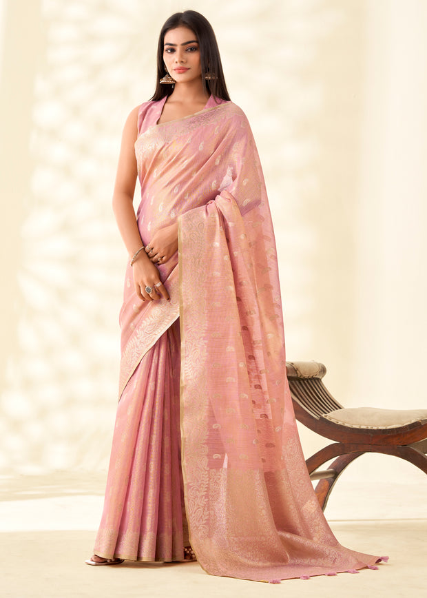 Mellow pink linen tissue silk saree with featherweight drape and soft metallic finish