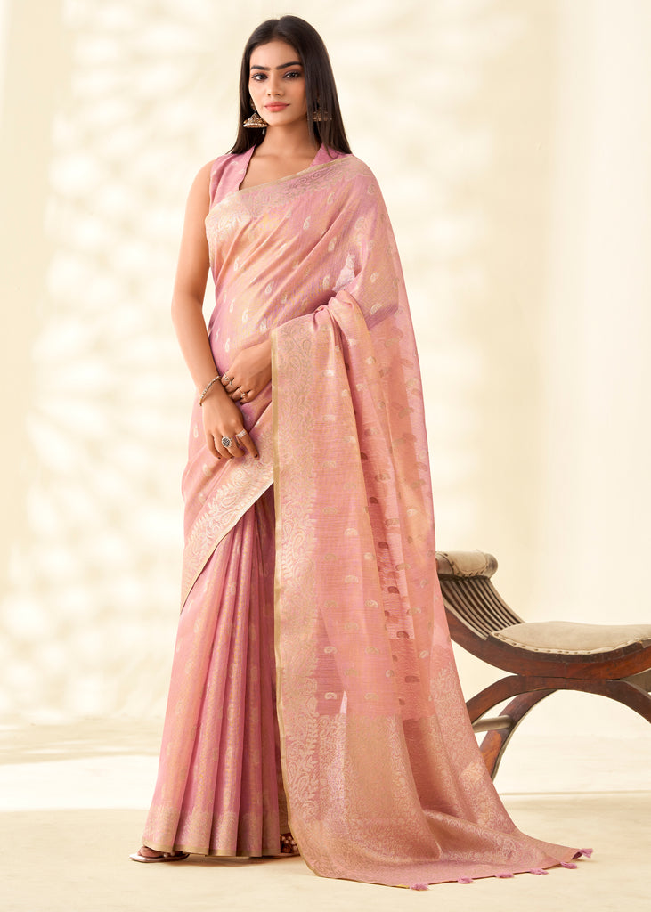 Mellow Pink Woven Linen Tissue Silk Saree