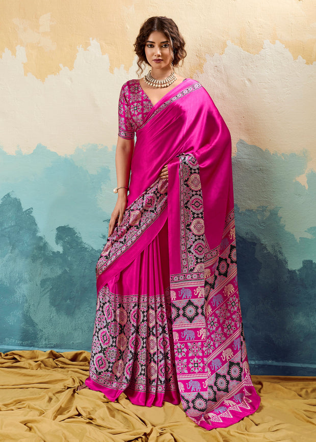 Princess Pink Printed Satin Silk Saree