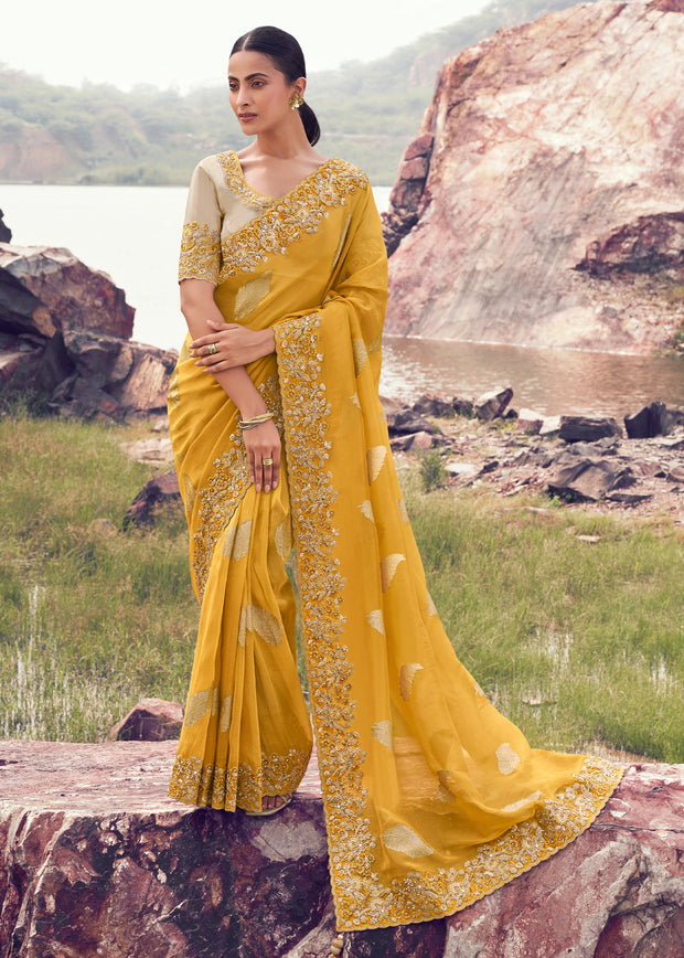 Mustard Yellow Woven Embroidered Tissue Silk Saree