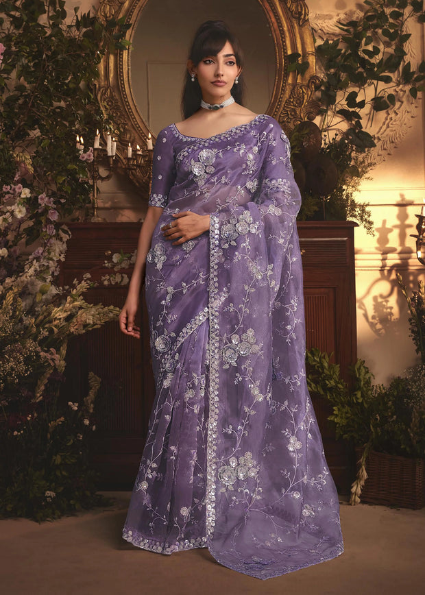 Lilac Mist Designer Tissue Organza  Saree