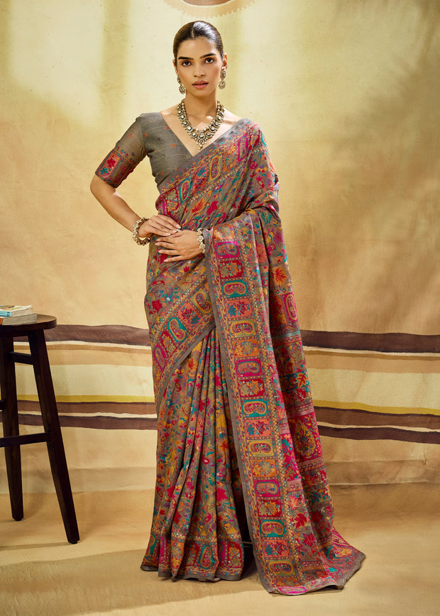 Fossil Grey Woven Cotton Kashmiri Jamewar Saree