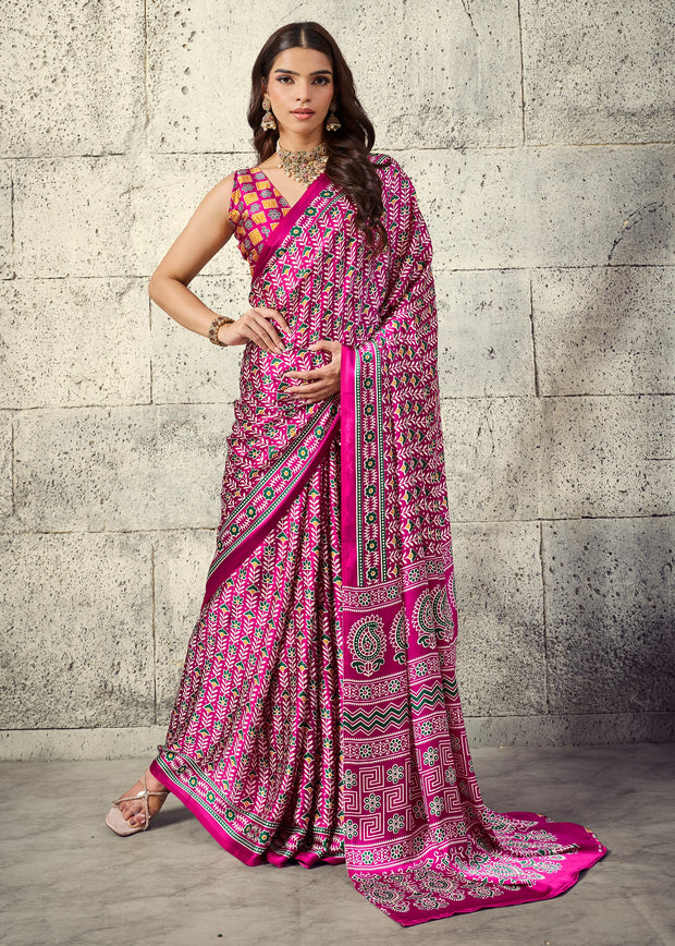 Elegant Pink Printed Satin Silk Saree