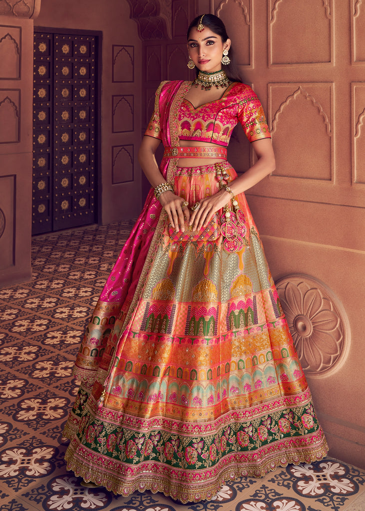 Multicolour Banarasi Silk Embroidered Lehenga