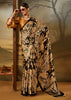 Cream And Black Printed Satin Silk Saree