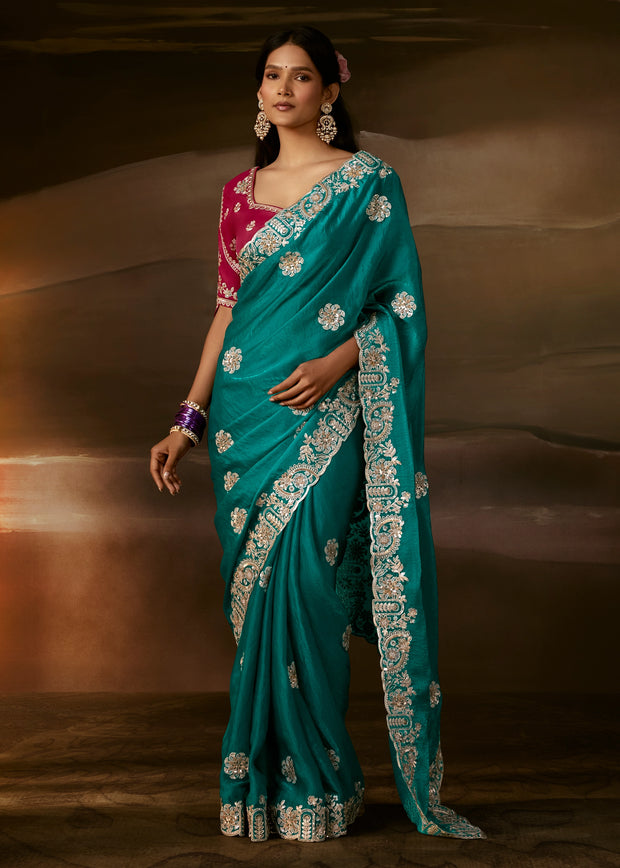 Teal Green Embroidered Designer Organza Saree