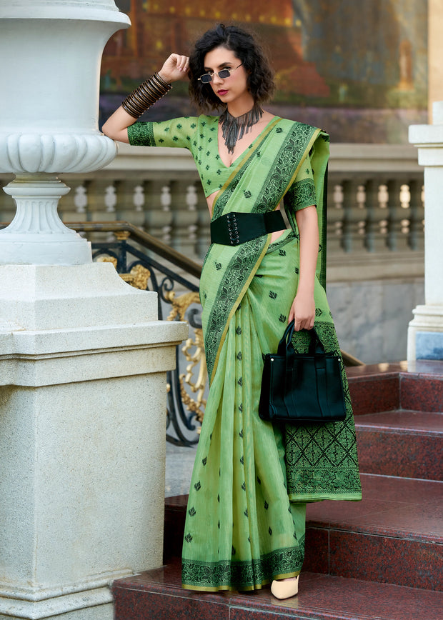 Pista Green Woven Tissue Linen Silk Saree