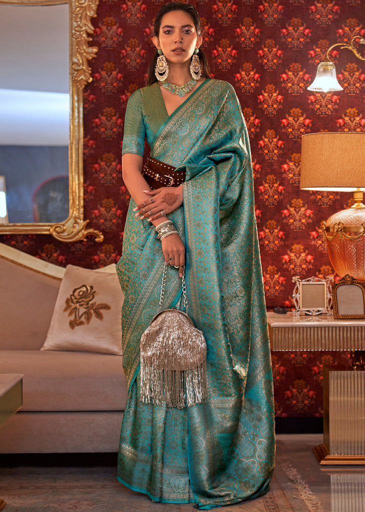 Fabulous Double Shaded Green Color Silk Weave And Zari Work Saree