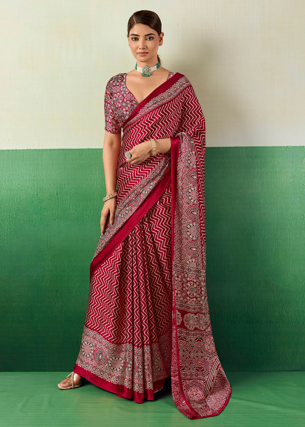 Deep Red Printed Satin Silk Saree