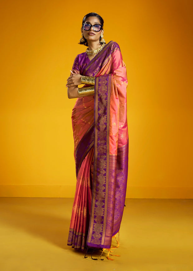 Peach Pink Woven Banarasi Silk Saree