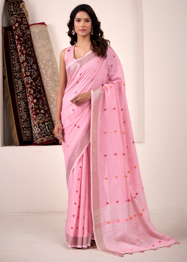 Lilac Pink Woven Linen Silk Saree