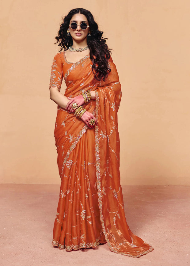 Burnt Orange Embroidered Designer Tissue Saree