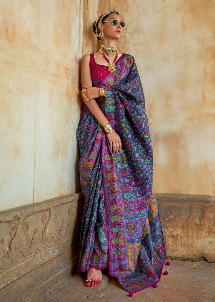 Midnight Blue Printed Kashmiri Jamewar Saree