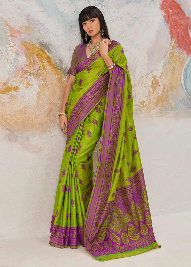 Pista green Kanjivaram silk saree with light colour and traditional Kanchipuram weaving