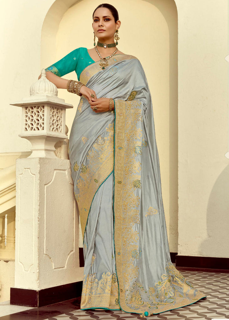Sterling Grey Woven Banarasi Designer Silk Saree With Contrast Blouse