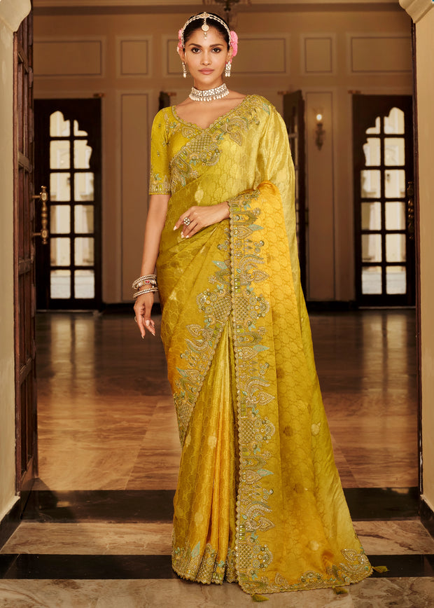 Shades Of Yellow Designer Embroidered Silk Saree