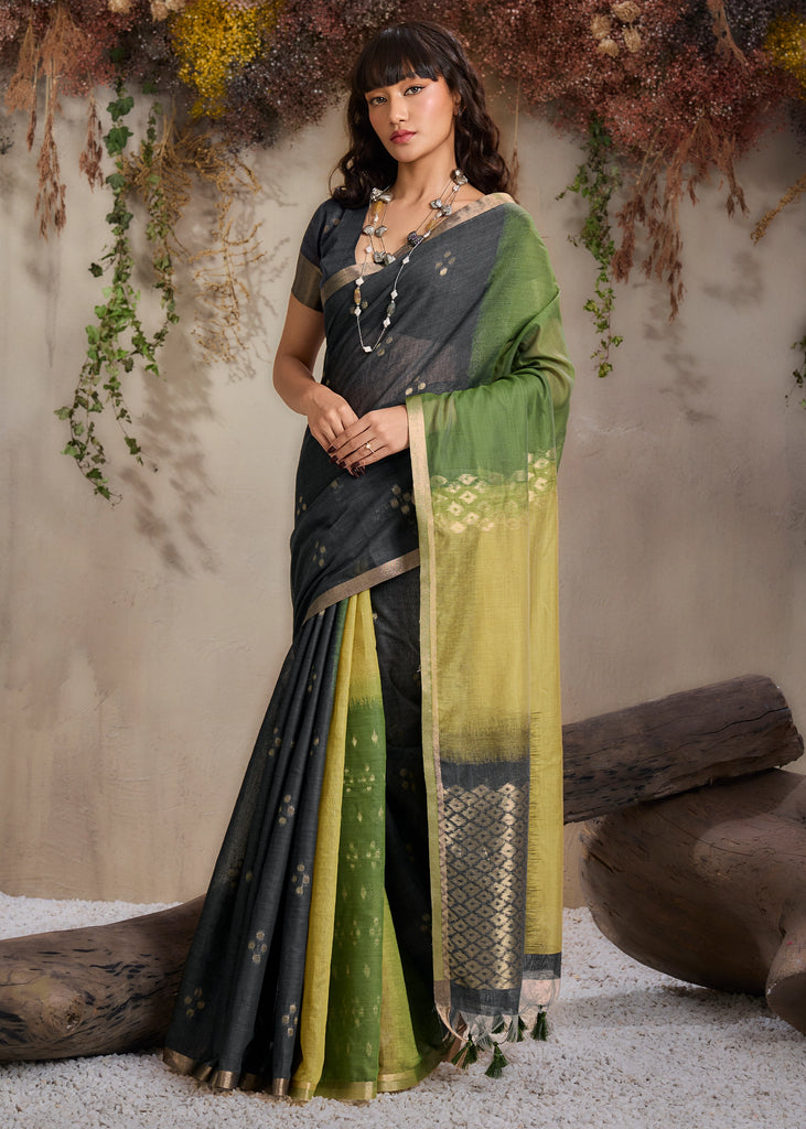 Black And Green Woven Cotton Silk Saree