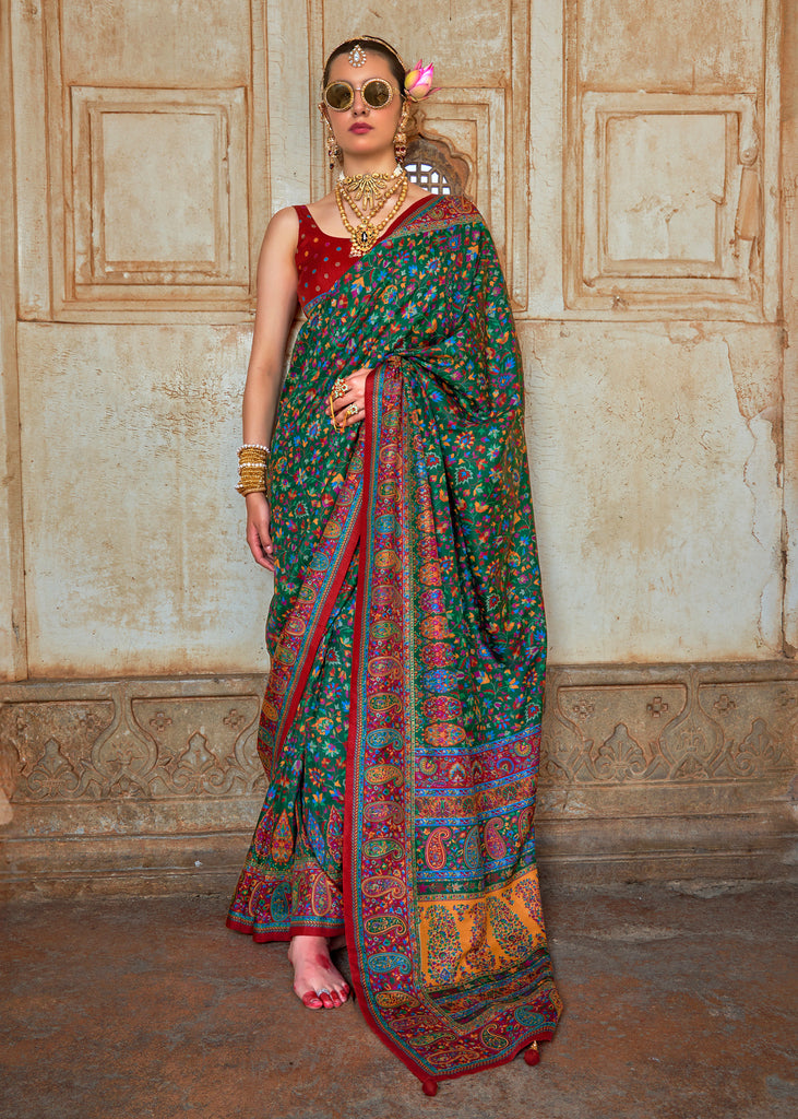 Hunter Green Printed Kashmiri Jamewar Saree